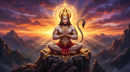 Fototapeta premium Divine Hanuman Meditating on Mountain at Sunset with Radiant Aura