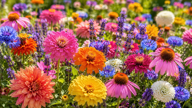 Giardino estivo variopinto con zinnie, echinacee e lavanda. Generative AI 