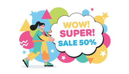 Fototapeta premium Cheerful promotional graphic showcases a young woman holding a large speech bubble announcing fifty percent off sale.