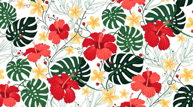 Seamless floral pattern with red hibiscus flowers and tropical monstera leaves background.