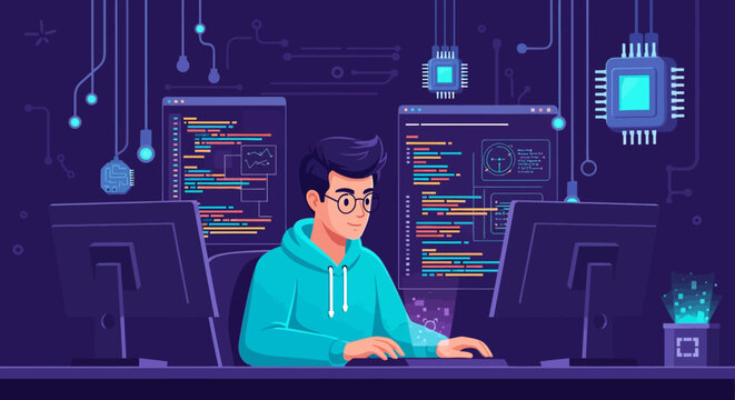 Programmer working on computer code in a modern office setting.