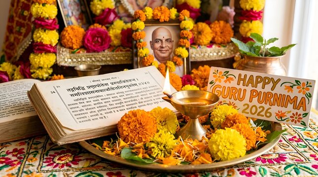 Guru Purnima Celebration: Devotional Altar with Flowers, Book & Portrait