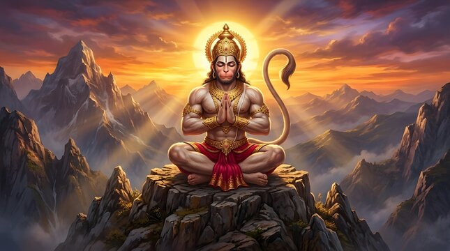 Divine Hanuman meditating on mountain peak at sunset