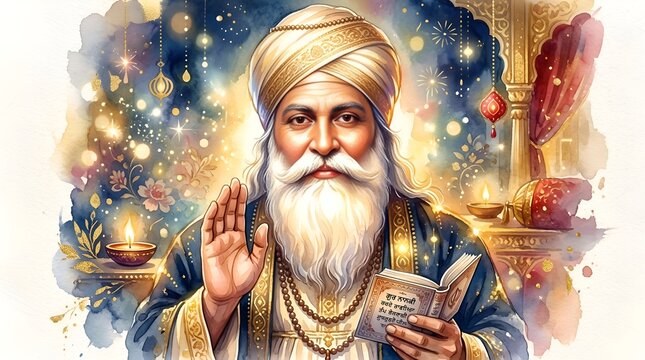 Guru Nanak Dev Ji watercolor illustration, spiritual wisdom, festive lights