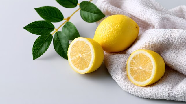 Clean fresh lemons on a folded towel prepared for a natural spa scene