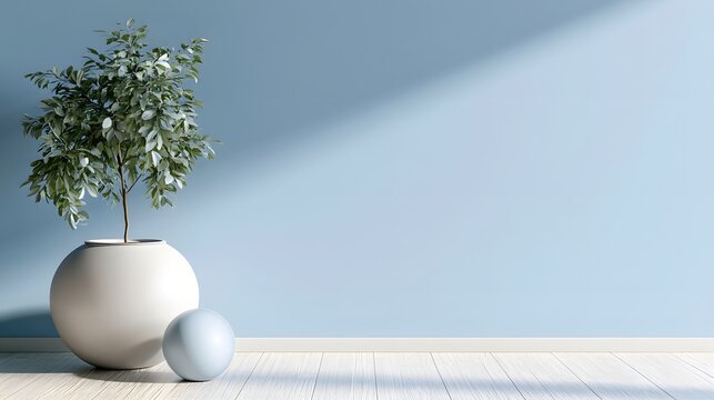 Minimalist small potted tree and white sphere resting in window light