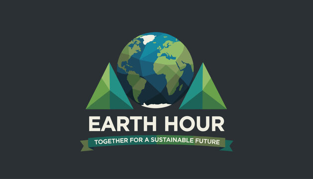 Earth Hour environmental campaign emblem featuring a geometric low poly globe and green triangles on a dark background.