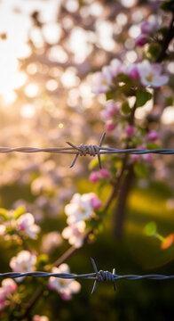 Barbed wire crosses in focus before a soft focus background of blooming pink and white flowers, symbolizing nature's beauty juxtaposed with restraint.