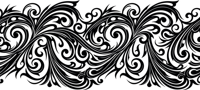 Seamless vintage baroque floral border pattern with black acanthus leaves ornament isolated on white background for textile design print