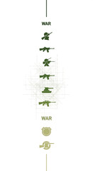 Fototapeta premium Stylized depiction of various weaponry, showcasing a progression and evolution of military hardware, symbolizing conflict and the history of warfare.