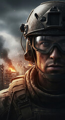Fototapeta premium Close-up of a soldier in tactical gear, eyes intense, with a burning city in the background symbolizing conflict, danger, and resilience