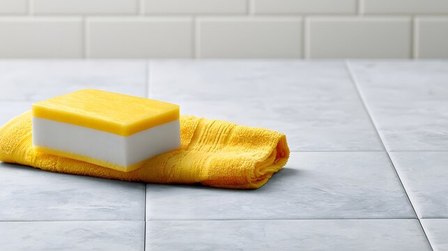 Minimalist yellow sponge and cleaning cloth placed on a tiled floor