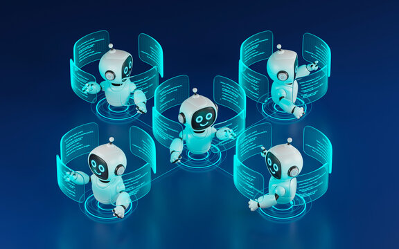 AI agent robot workflow automation orchestrator artificial intelligence data coding icon flow process assistant technology futuristic 3d rendering.