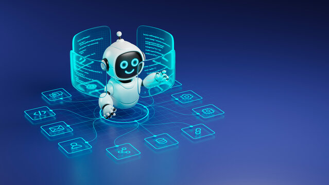 AI agent robot workflow automation orchestrator artificial intelligence data coding icon flow process assistant technology futuristic 3d rendering.