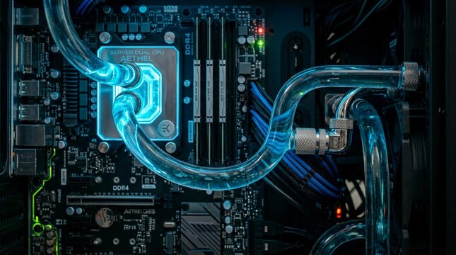 Custom liquid cooling system installed on high performance computer motherboard