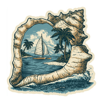 Vintage hand-drawn style illustration of a large seashell framing a tropical landscape with a sailboat, palm trees, and ocean waves. Perfect for summer retro designs or stickers.