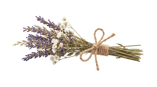 Rustic dried lavender bouquet with white baby's breath, fragrant floral bunch tied with twine, botanical herb arrangement on white background