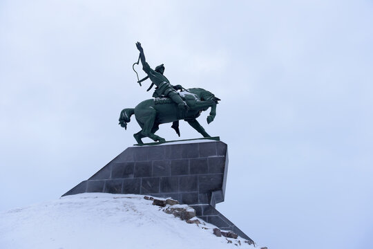 Salavat Yulaev Equestrian Statue with Copy Space in Winter, Ufa