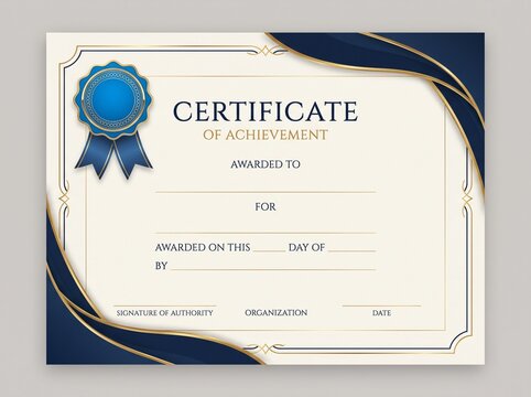 Elegant certificate of achievement template, professional diploma with blue wax seal and gold border, formal award for business and education