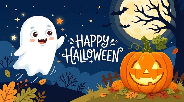 Cute ghost and pumpkin with happy halloween text at night