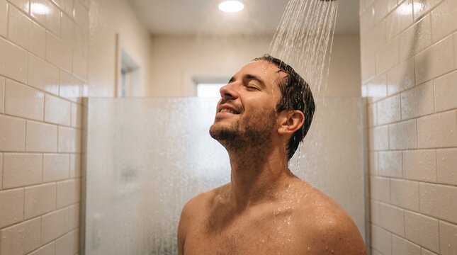 Man enjoying morning shower in modern bathroom, Concept of wellness, self care and hygiene, Represents healthy lifestyle and relaxation made by AI generative