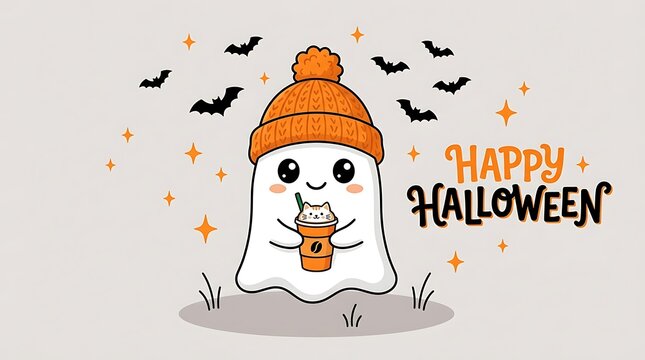 Cute ghost wearing a winter hat holding a coffee for halloween