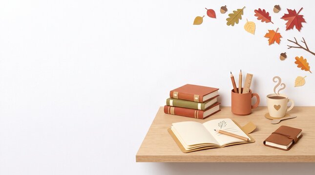 Cozy Autumn Study Desk Corner with Books, Notebook and Coffee Paper Cut Illustration on White Background