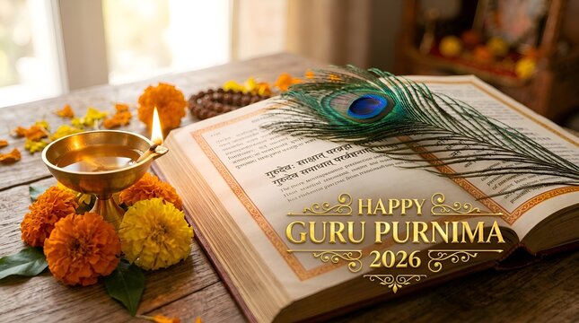 Guru Purnima: Holy Book, Diya Lamp, Peacock Feather, Flowers, Devotion, Tradition