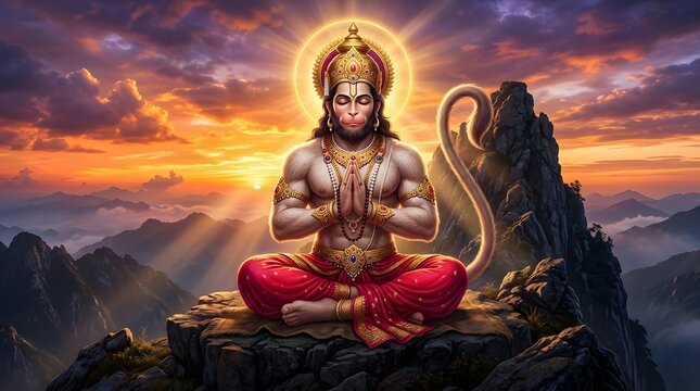 Divine Hanuman Meditating on Mountain at Sunset with Radiant Aura
