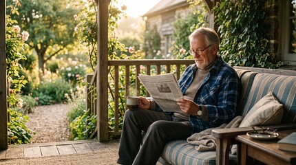 Fototapeta premium Senior man reading newspaper and drinking coffee on porch in garden, Concept of retirement and peaceful lifestyle, Represents relaxation and elderly made by AI generative