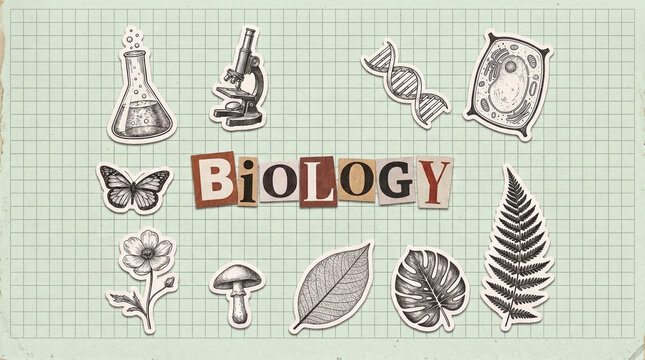 biology paper collage with microscope dna cell and plants science education concept