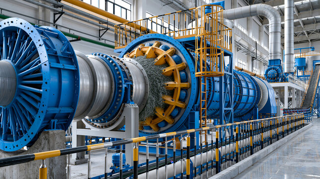AI generator images of Industrial rotary drum dryer drying fertilizer granules inside a modern fertilizer factory, large rotating drying equipment, automated agricultural production line