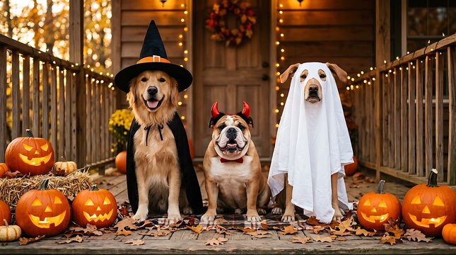 Three cute dogs in funny halloween costumes on a porch