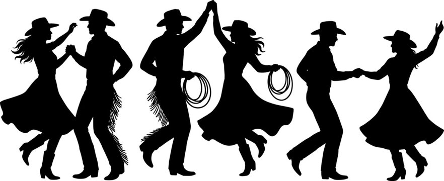 Collection of black silhouettes of couples dancing country western dance wearing cowboy hats and boots vector illustration