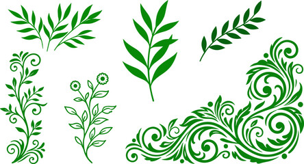 Fototapeta premium Collection of green floral vector elements featuring leafy branches, intricate swirls, and decorative corner ornament designs
