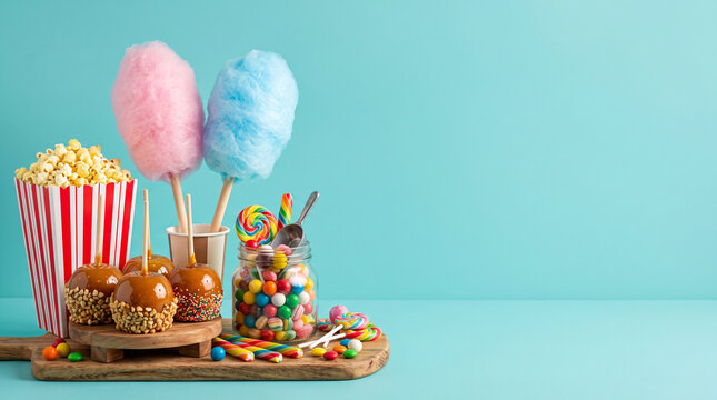 carnival treats cotton candy popcorn caramel apples and colorful sweets on turquoise