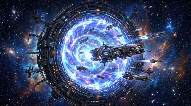 Fleet of futuristic spaceships emerging from a wormhole portal near a stargate station.