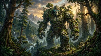 Fototapeta premium Giant stone golem elemental standing in an epic fantasy forest landscape.
