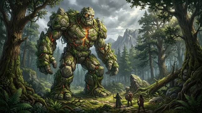 Epic fantasy scene of a giant stone golem encountering adventurers in an ancient forest.