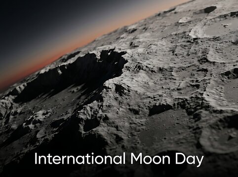 Dramatic closeup view of the moon surface with rugged craters and shadows for international moon day celebration