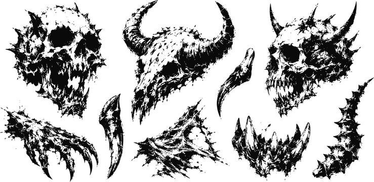 Spiky demonic skulls and claws set horror fantasy bone elements with horns, teeth, barbs, and monstrous details
