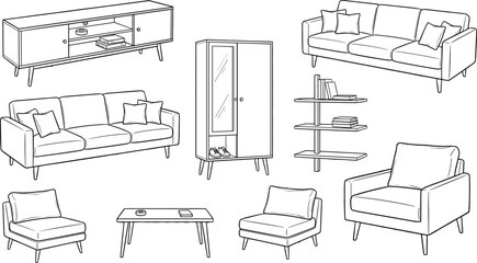 Hand drawn line art living room furniture set featuring sofa armchair cabinet and coffee table in modern style © mos