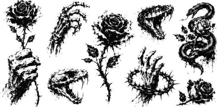 Bleeding thorn roses with snake and skull grunge horror tattoo set of hands, venom fangs, gothic floral art