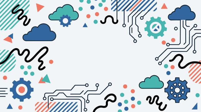 Abstract technology concept illustration with cloud computing circuits and gear machine.