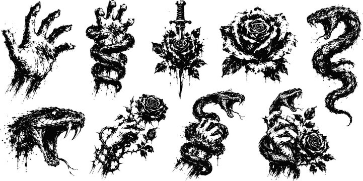 Venomous snake and skull rose tattoo set gothic horror hands roses blades grunge monochrome ink illustration collection