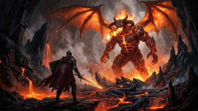 Epic fantasy battle scene of a knight fighting a fiery lava demon in a hellish
