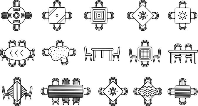 Hand drawn line art set of dining tables and chairs from top view for architectural floor plans and interior design