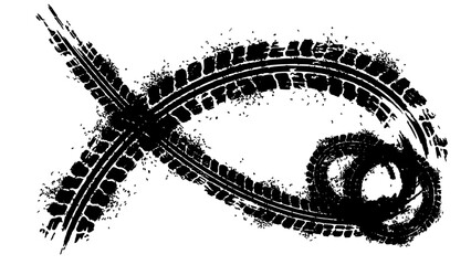 Obraz premium Tire Tracks Forming an Abstract Design with Dynamic Overlapping Patterns and Bold Textures Featuring Black, White, Grunge