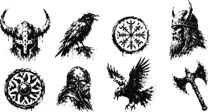 Viking warrior symbols set norse helmets raven axe shields and ancient runic protection emblems illustration