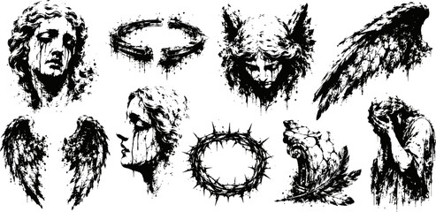 Fototapeta premium Bleeding angel faces wings and crown of thorns grunge gothic religion sorrow ink illustration set
